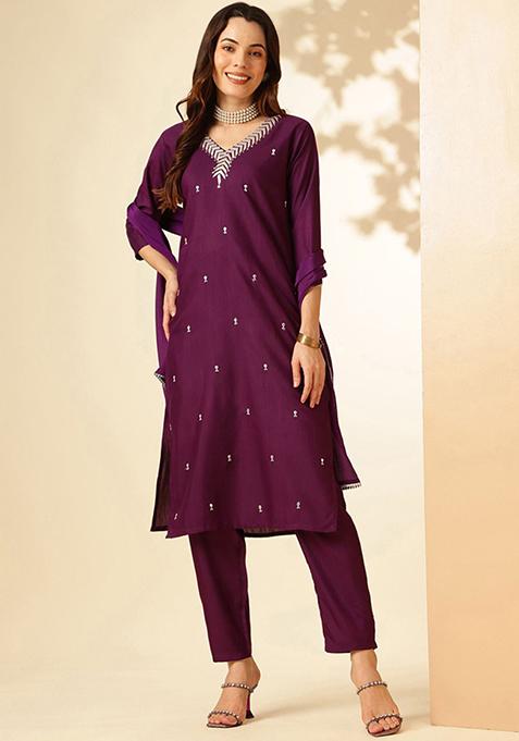 Purple Embroidered Rayon Slub Kurta Set