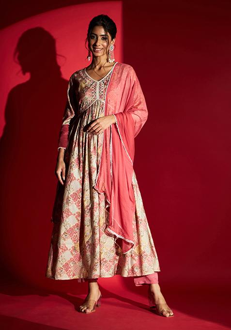 Pink Embroidered Pure Rayon Kurta Set