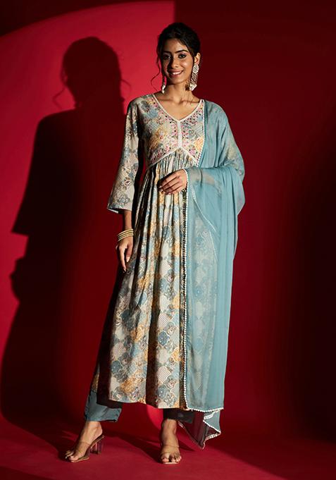 Blue Embroidered Pure Rayon Kurta Set