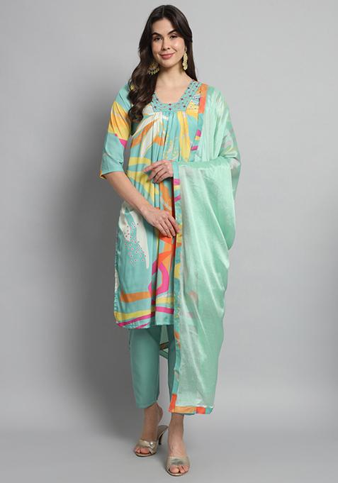 Green Printed Viscose Silk Blend Kurta Set