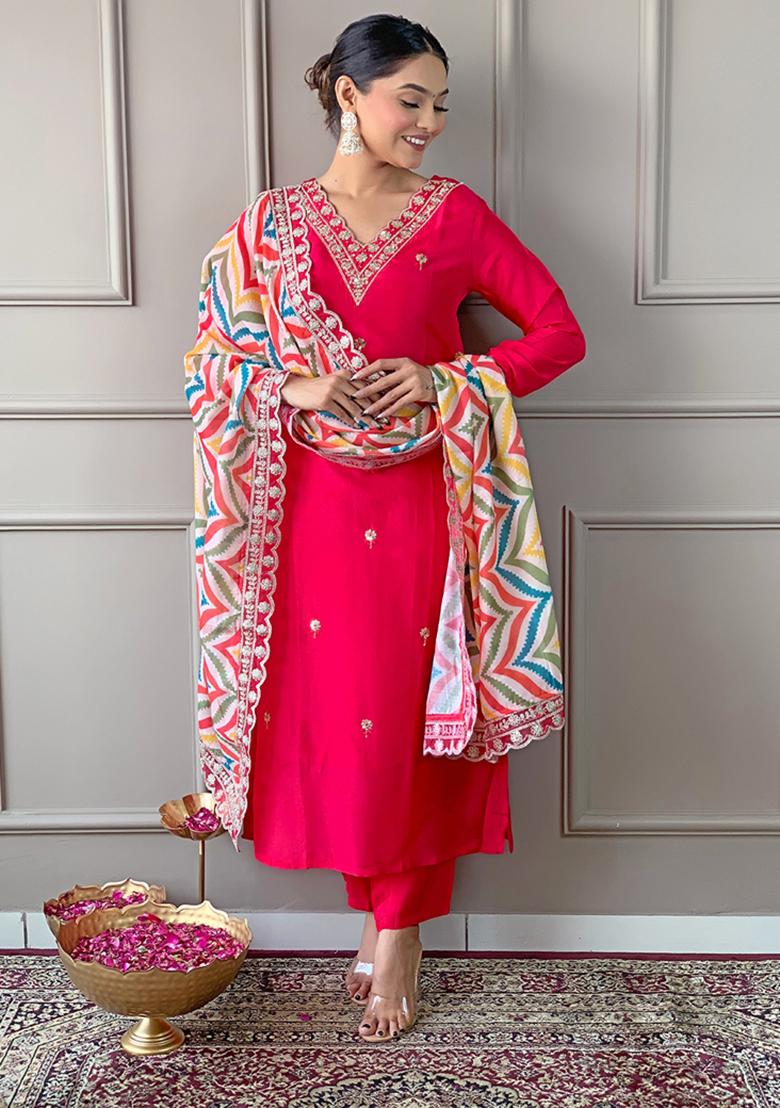 Red Embroidered Viscose Kurta Set