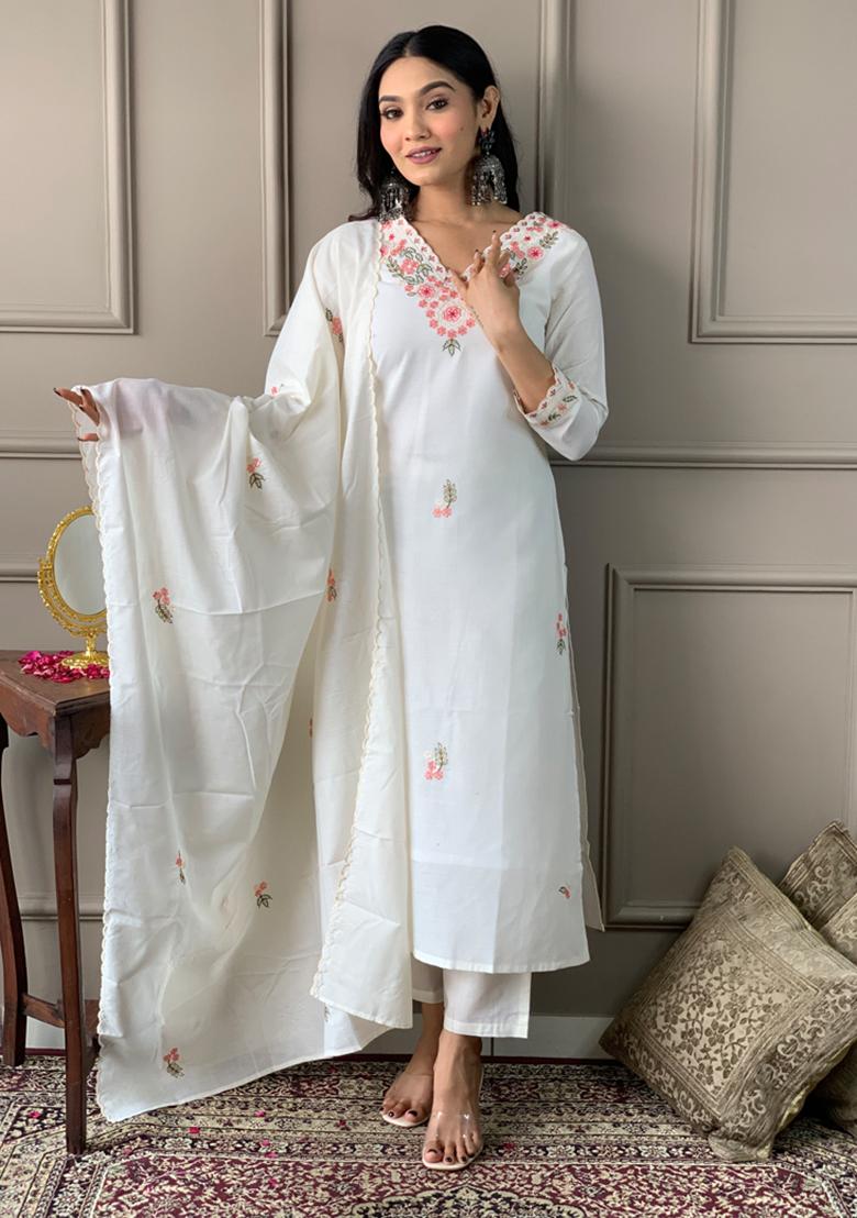 White Embroidered Pure Cotton Kurta Set