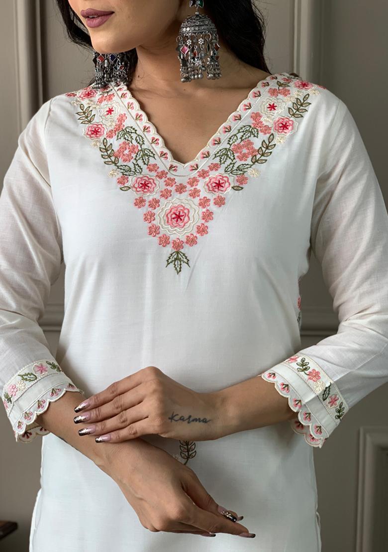 White Embroidered Pure Cotton Kurta Set