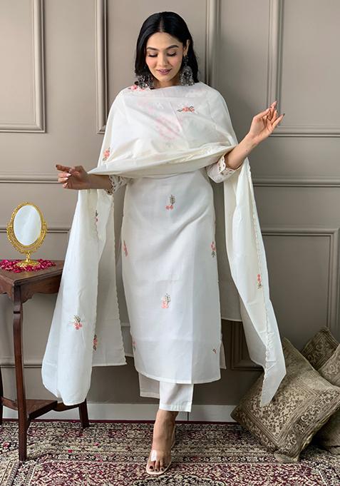 White Embroidered Pure Cotton Kurta Set