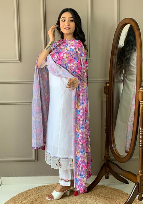 Women White Cotton Chanderi Embellished Kurta