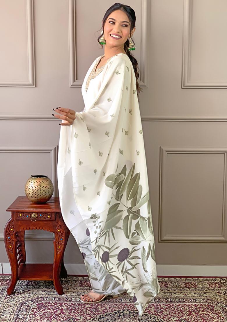 Green Embroidered French Crepe Kurta Set