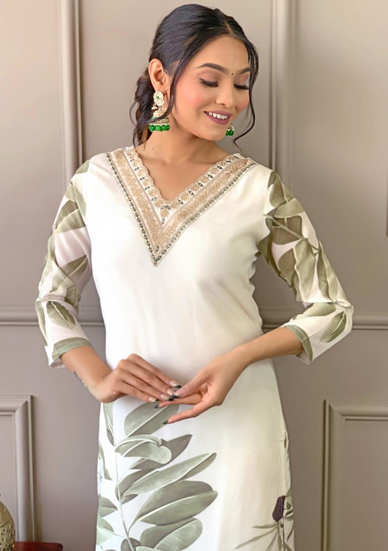 Green Embroidered French Crepe Kurta Set