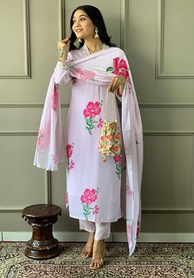 Purple Floral Print French Crepe Kurta Set With Dupatta