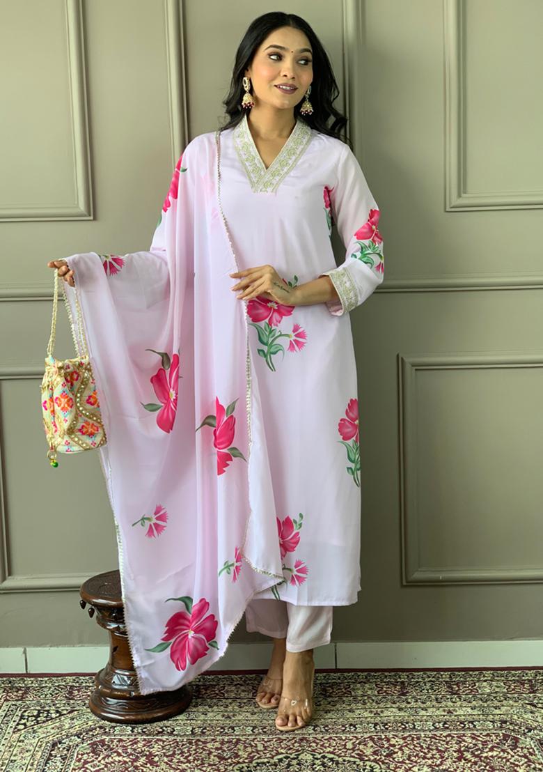 Purple Floral Print French Crepe Kurta Set