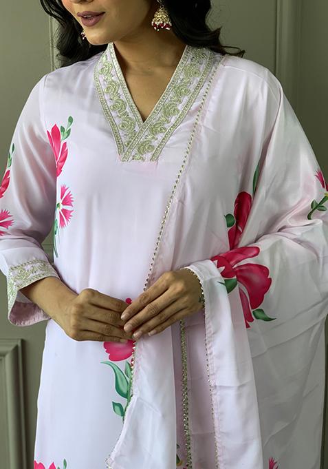 Floral Print Crepe Kurta Set with Chiffon Dupatta