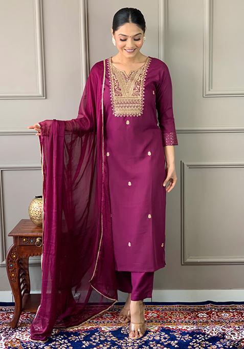 Purple Embroidered Rayon Slub Kurta Set