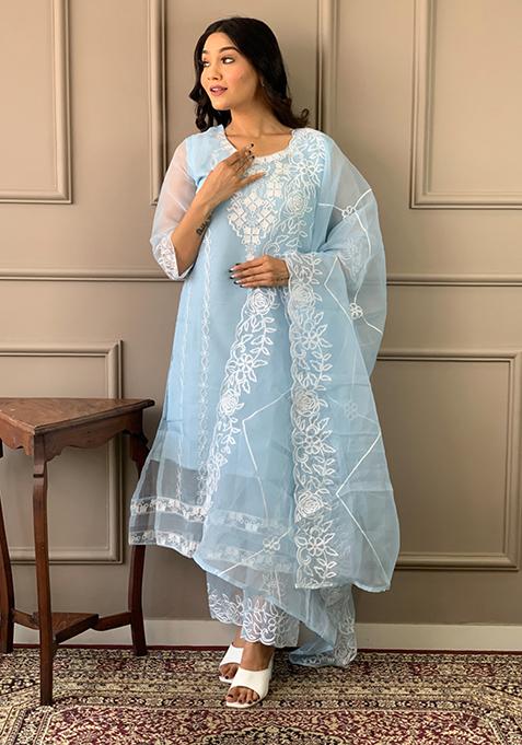 Blue Printed Organza Kurta Set