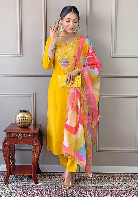 Yellow Embroidered Viscose Kurta Set