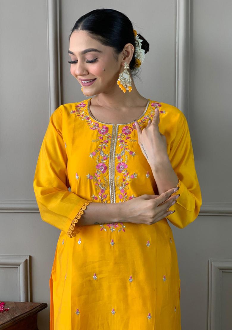 Yellow Embroidered Chanderi Silk Kurta Set