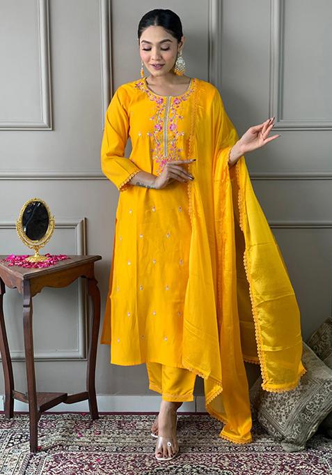 Yellow Embroidered Chanderi Silk Kurta Set