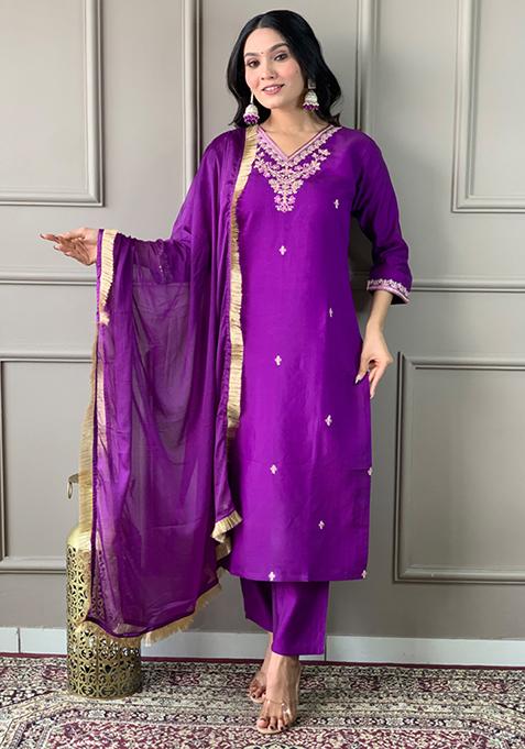 Purple Embroidered Chanderi Silk Kurta Set