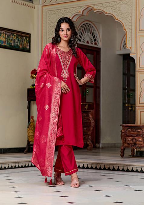 Red Embroidered Chanderi Silk Kurta Set