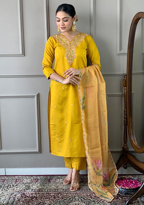 Yellow Embroidered Chanderi Silk Kurta Set