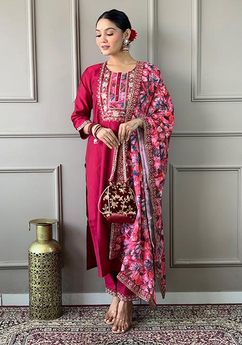 Red Embroidered Chanderi Silk Kurta Set