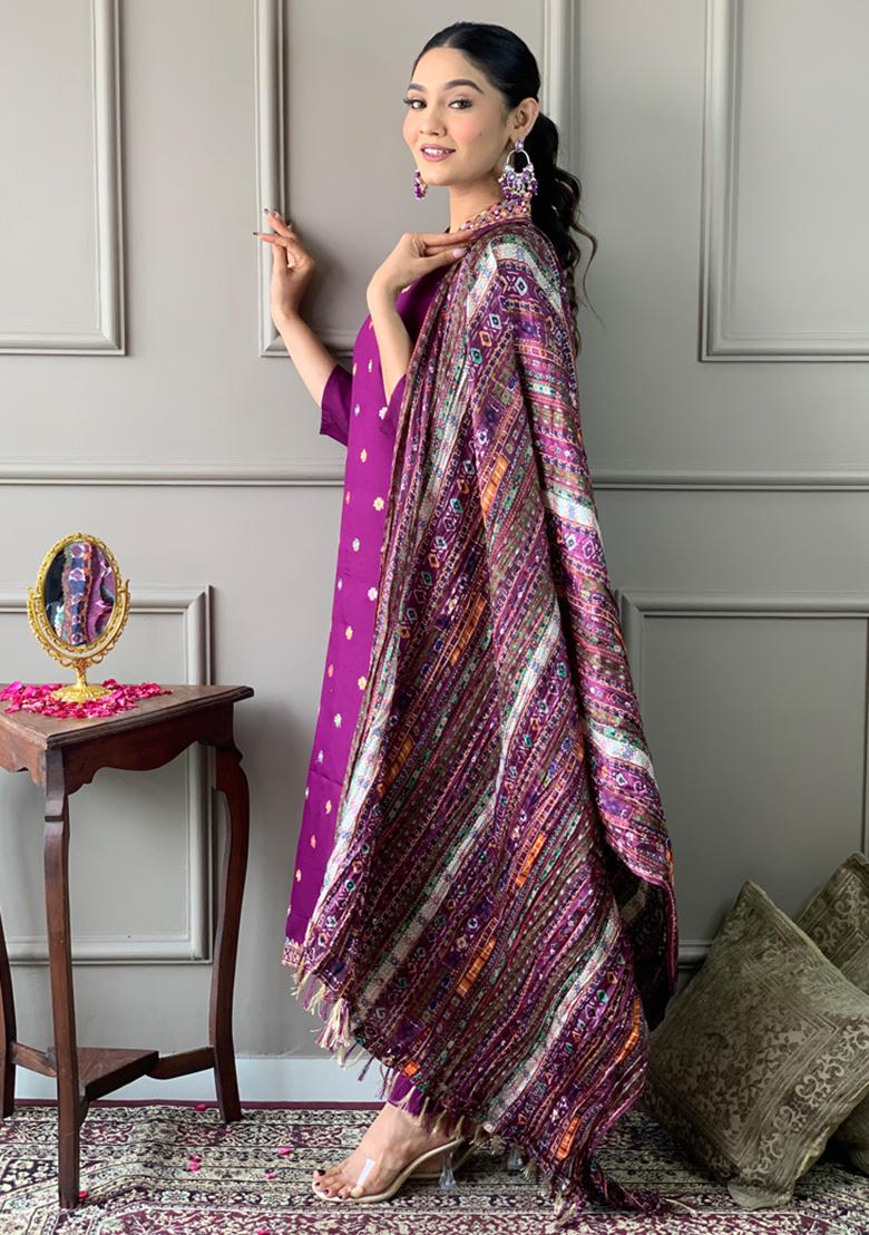 Purple Embroidered Chanderi Silk Kurta Set