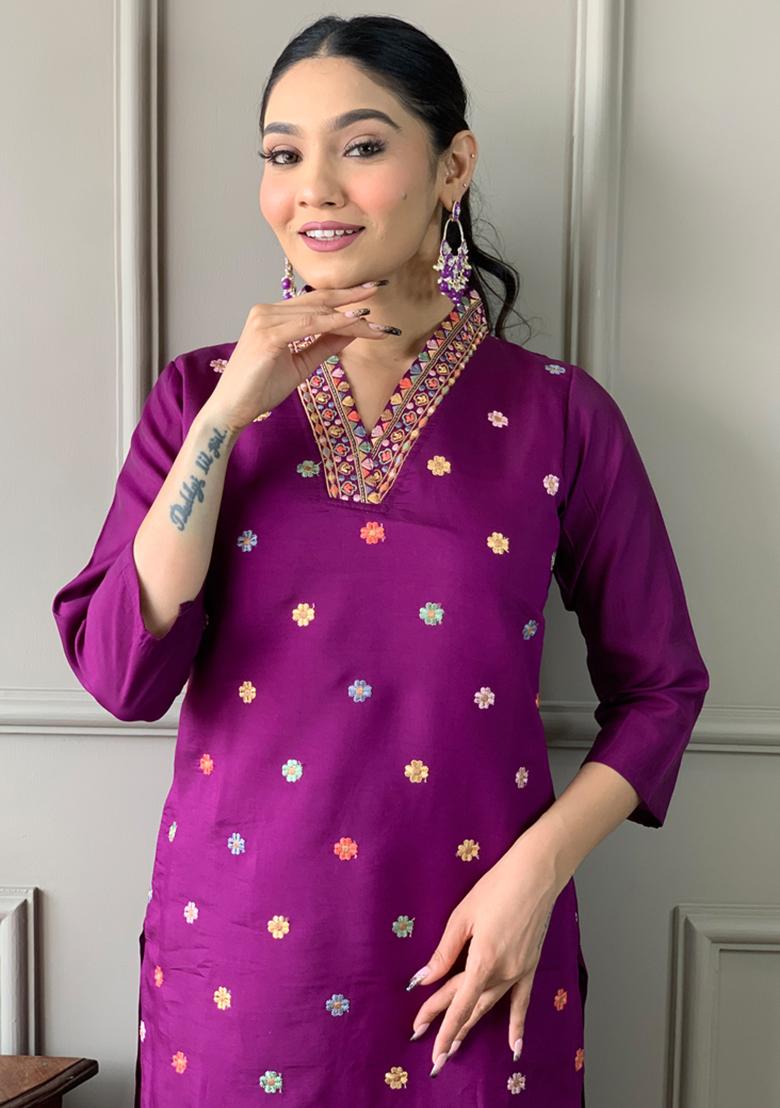Purple Embroidered Chanderi Silk Kurta Set