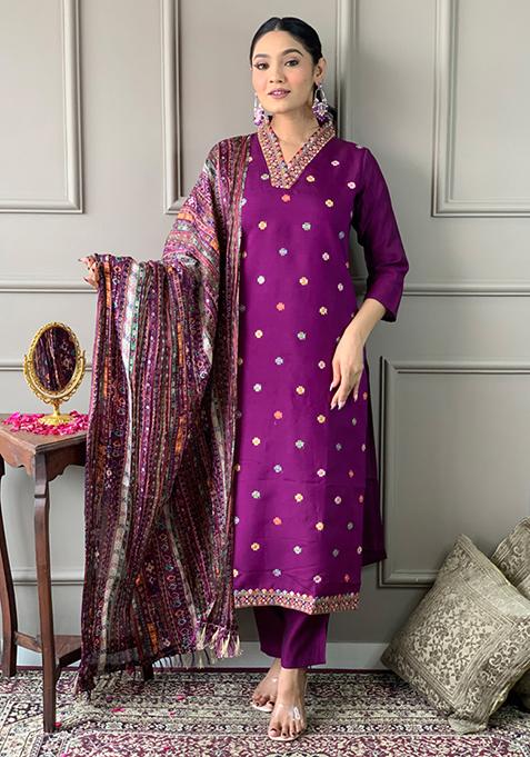 Purple Embroidered Chanderi Silk Kurta Set