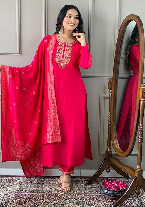 Red Embroidered Chanderi Silk Kurta Set