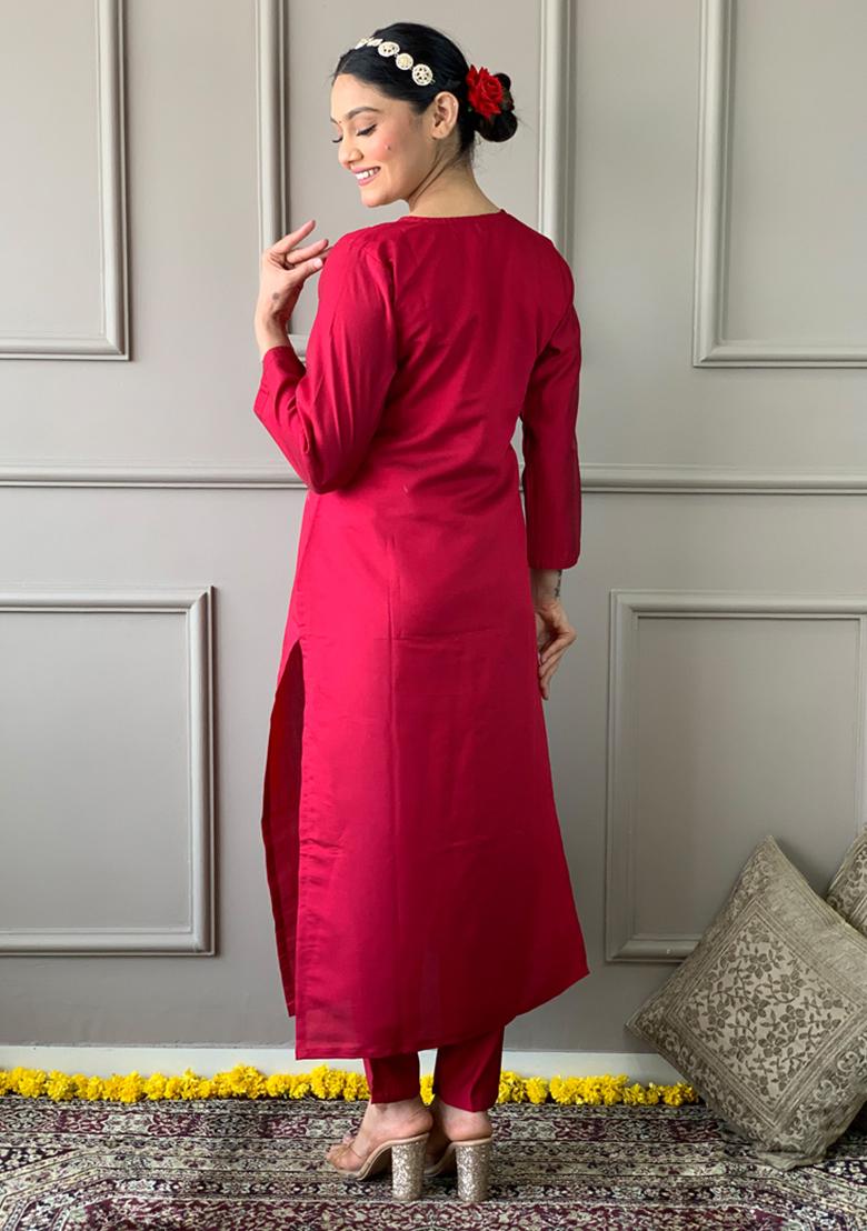 Red Embroidered Chanderi Silk Kurta Set