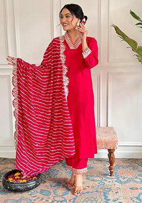 Red Embroidered Chanderi Silk Kurta Set