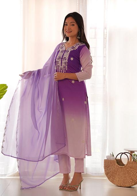 Purple Thread Work Kora Muslin Kurta Set