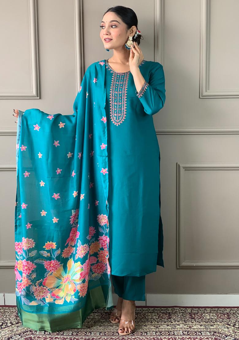Green Embroidered Chanderi Cotton Kurta Set