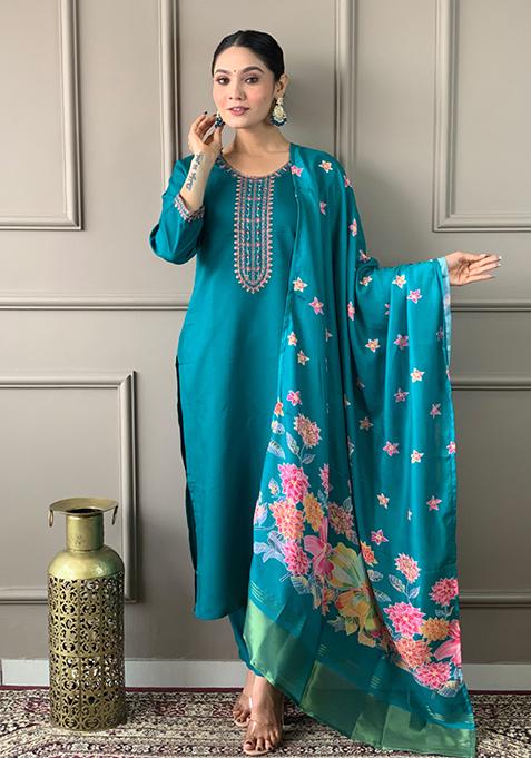 Green Embroidered Chanderi Cotton Kurta Set