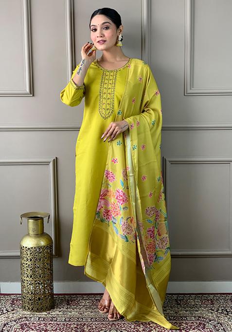 Mustard Embroidered Chanderi Cotton Kurta Set