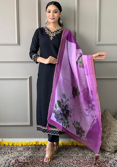 Black Embroidered Chanderi Cotton Kurta Set