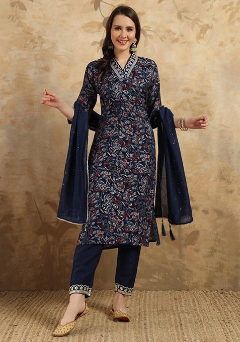 Blue Embroidered Chanderi Kurta Set