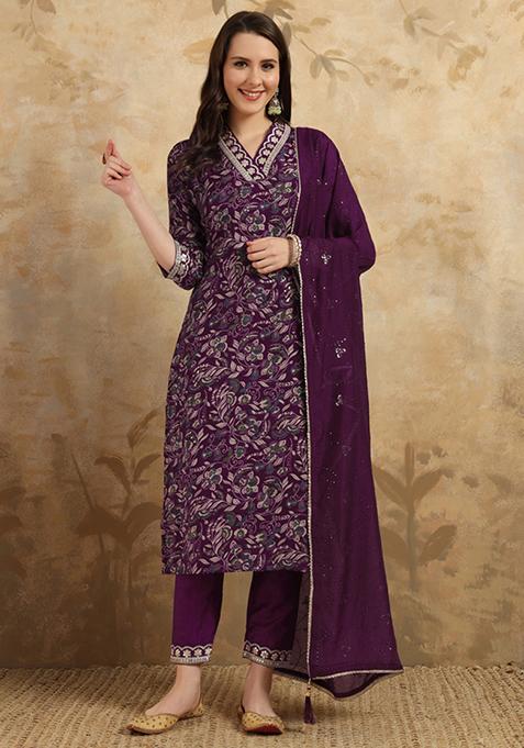 Wine Embroidered Chanderi Kurta Set