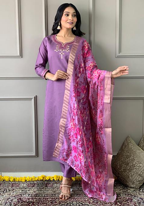 Purple Embroidered Viscose Rayon Kurta Set