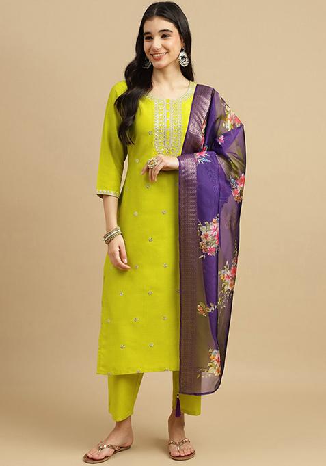 Yellow Embroidered Chinon Kurta Set