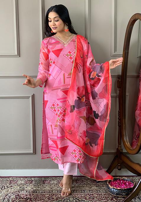 Pink Printed Viscose Rayon Kurta Set