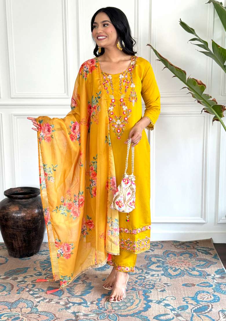 Mustard Embroidered Silk Blend A Line Kurta Set - Indya