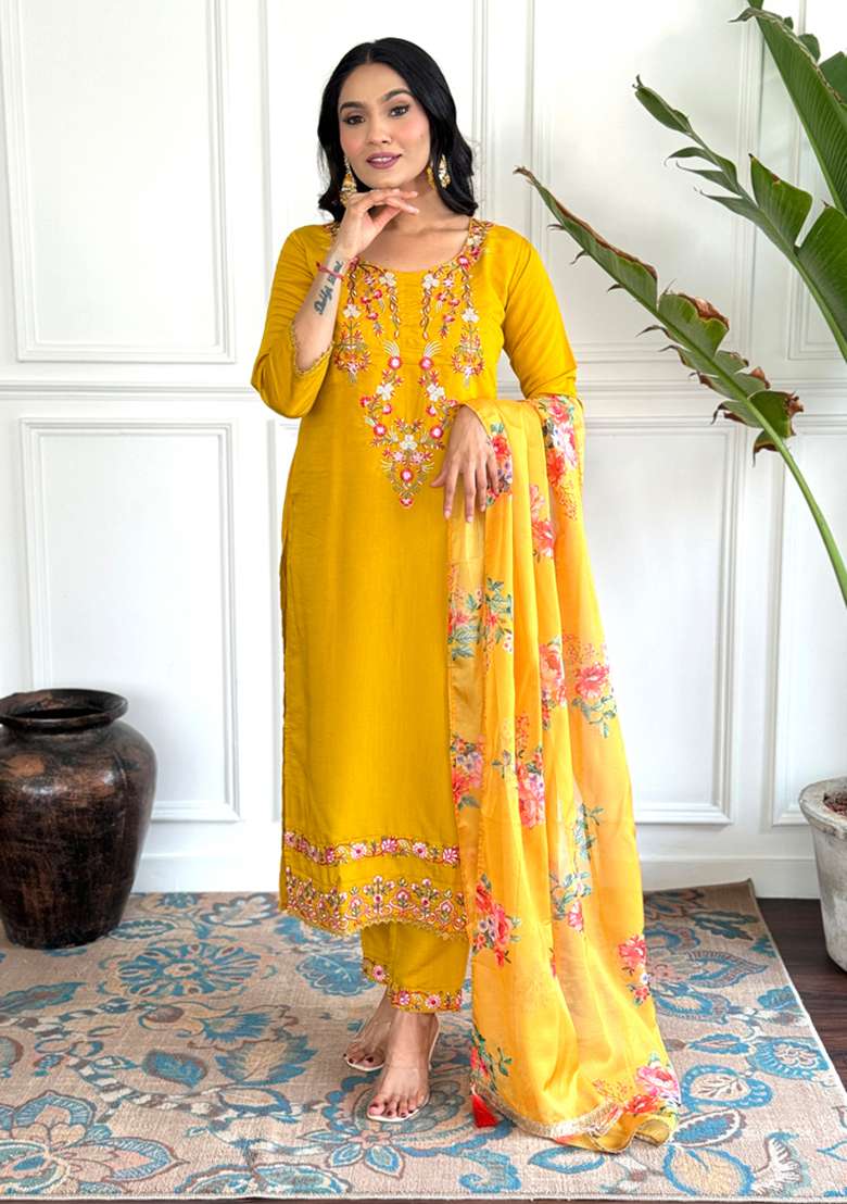 Mustard Embroidered Silk Blend A Line Kurta Set - Indya
