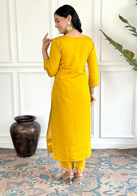 Mustard Mul Chanderi Embroidered Kurta Pant Dupatta Set for Women – Elegant Festive 3-Piece Suit