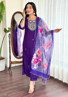 Purple Embroidered Chanderi Viscose Kurta Set