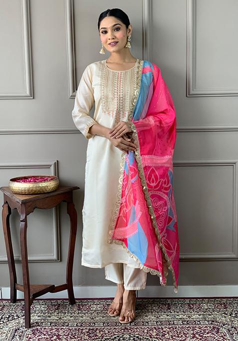 Cream Embroidered Chanderi Viscose Kurta Set