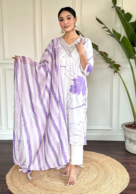 Purple Printed Chanderi Silk Kurta Set