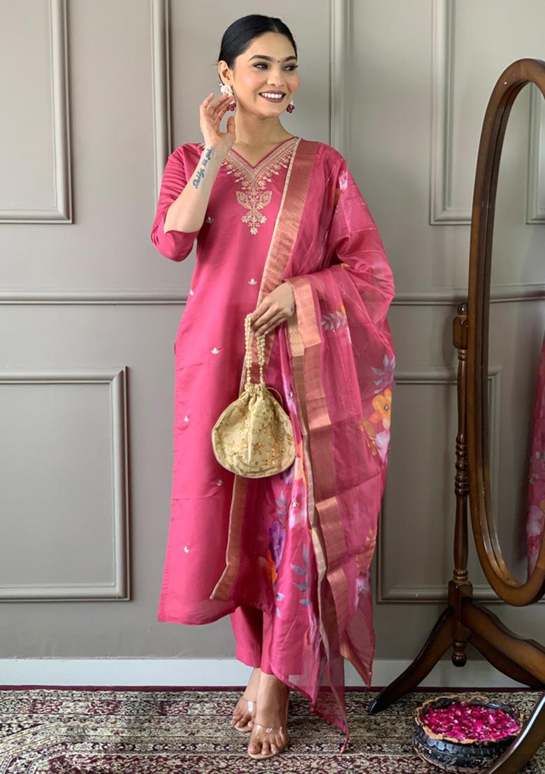Pink Embroidered Chanderi Viscose Kurta Set