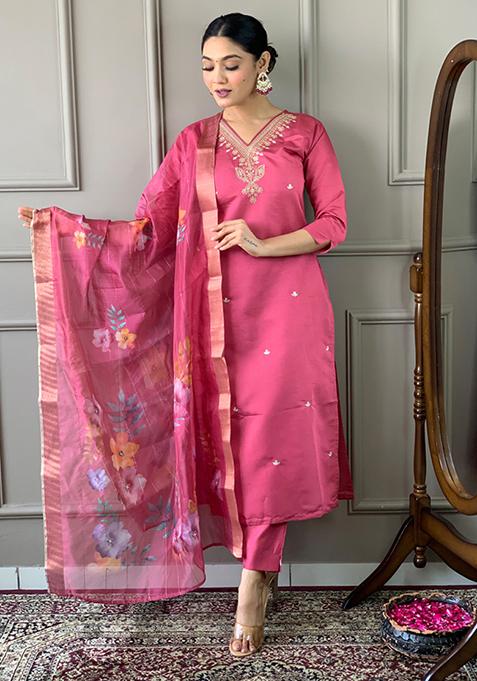 Pink Embroidered Chanderi Viscose Kurta Set