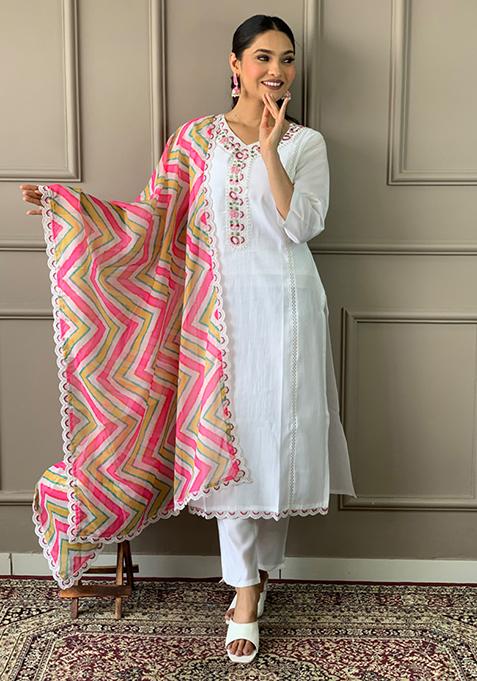 White Embroidered Viscose Silk Kurta Set