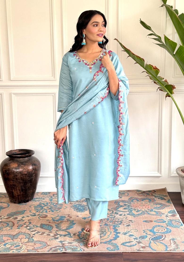 Blue Embroidered Chanderi Viscose Kurta Set