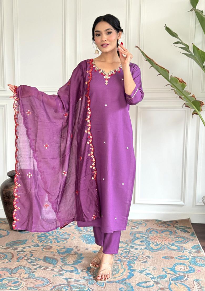Purple Embroidered Chanderi Viscose Kurta Set
